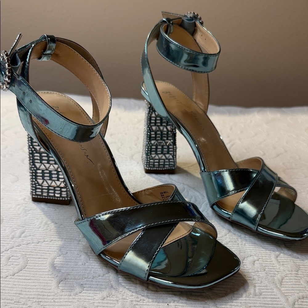 Betsey Johnson Bell Metallic Strappy Rhinestone Heels. Size 8